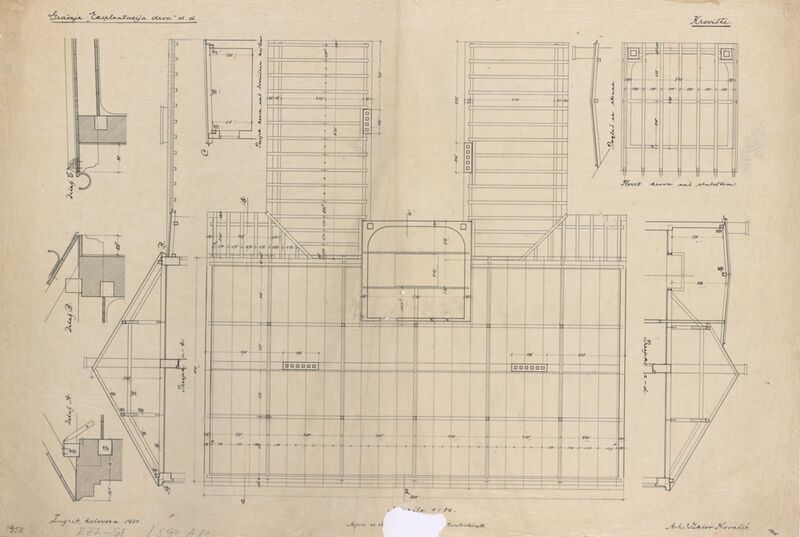 Stambena i trgovačka zgrada za eksploataciju drva, tlocrt/krovište/presjeci/krovište/detalji krovišta