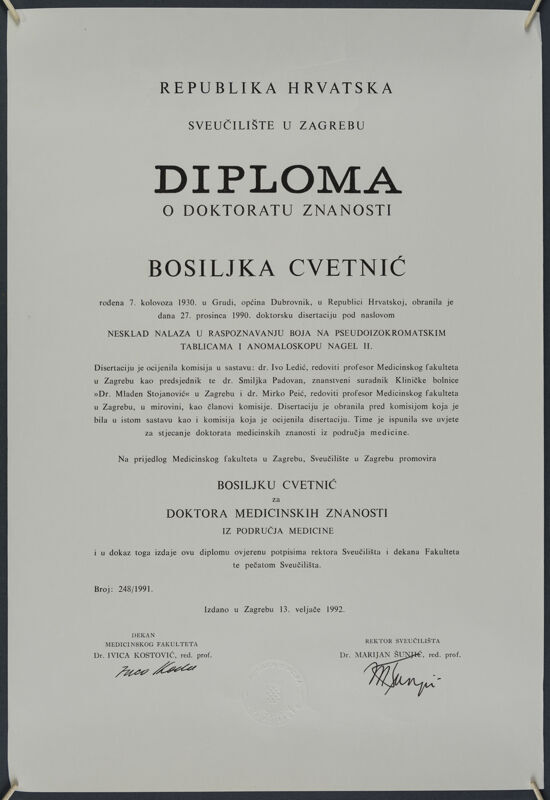 Doktorska diploma Bosiljke Cvetnić