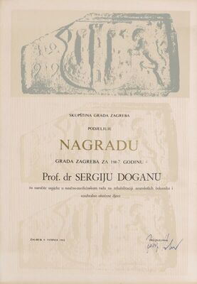 Povelja Nagrade Grada Zagreba za 1967. godinu prof. dr. Sergiju Doganu