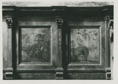 Lepoglava - Župna crkva, klupa na pjevalištu s prikazom sv. Ivana Krstitelja i Iskušenja sv. Antuna