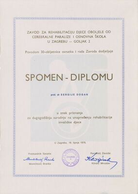 Spomen-diploma Zavoda za rehabilitaciju Goljak prof. dr. Sergiju Doganu