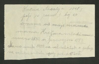 Bilješka Franjice Katušić s podacima o grobu obitelji Krežma