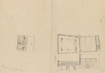 Meštrovićev atelijer (Ivan Meštrović), tlocrt prizemlje/skica pročelja /prostorna skica unutrašnjosti atrija