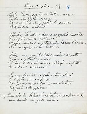 Dopo il plico (gettato da Felice Cavallotti nel Parlamento italiano), poesia di Olindo Guerrini (Stecchetti) = Nakon svežnja (bačenog od strane Felice Cavallottija u talijanskom parlamentu), pjesma Olinda Guerrinija, rukopis, numerirano plavom olovkom s br. 9 i 11
