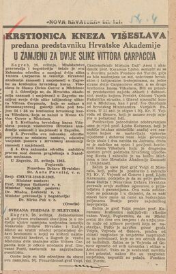 Krstionica kneza Višeslava predana predstavniku Hrvatske Akademije u zamjenu za dvije slike Vittoria Carpaccia