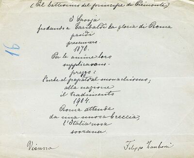 Pel battesimo del principe di Piemonte = U povodu krštenja pijemontskog princa, Vienna = Beč, potpis Filippo Zamboni