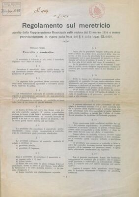 Regolamento sul meretricio : accolto della Rappresentanza municipale nella seduta del 23 marzo 1916 e messo provvisoriamente in vigore sulla base del [paragrafo] 6 della legge XL:1879