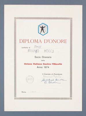 Diploma počasnog člana Talijanskog saveza protiv debljine Franji Kogoju