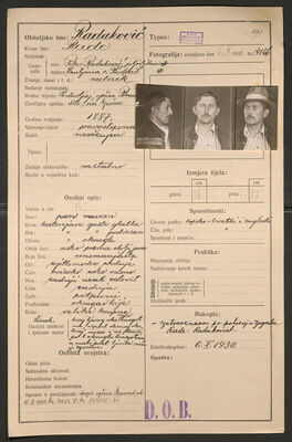 Radaković, Rade, 1887. Policijski karton