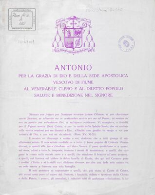 Antonio per la grazia di dio e della sede apostolica vescovo di Fiume al venerabile clero e al diletto popolo salute e benedizione nel signore