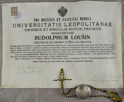 Diploma magistra farmacije Rudolfa Loušina