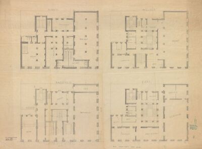Zgrada oficirskog doma s kasinom, tlocrti: 1. podrum, 2. prizemlje, 3. mezzanin, 4. prvi kat