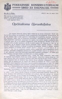 Pokrajinski konservatorijalni ured za Dalmaciju – Općinskom Upraviteljstvu, okružnica