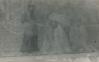 Lepoglava - Bivši pavlinski samostan, detalj zidne slike, četiri klečeća pavlina primaju spis iz ruku papinskog legata