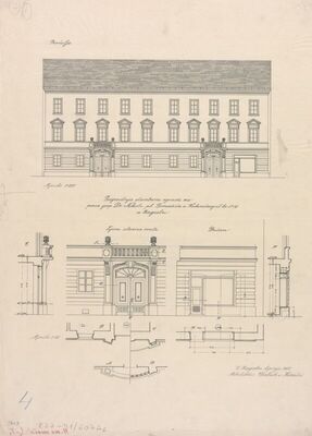 Stambena kuća Nikole pl. Tomašića, projekt pregradnje, 1. pročelje, 2. detalji pročelja, 3. ulazna vrata, 4. presjeci detalji