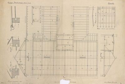 Stambena i trgovačka zgrada za eksploataciju drva, tlocrt/krovište/presjeci/krovište/detalji krovišta