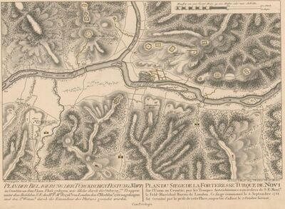 Plan der Belagerung der Türckischen Festung Novi in Croatien an dem Unna Flus gelegen...