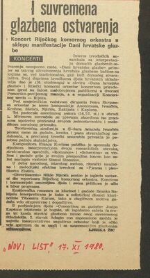 Lj. Žic: I suvremena glazbena ostvarenja. Koncert Riječkog komornog orkestra u sklopu manifestaija Dani hrvatske glazbe, Novi list, 1980.
