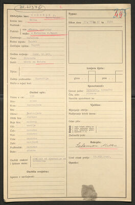 Salzman, Milka rođ. Sauerbrunn, 31.7.1900. Policijski karton