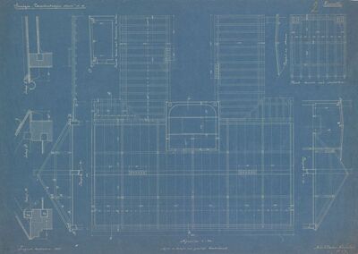 Stambena i trgovačka zgrada za eksploataciju drva, tlocrt/krovište/presjeci/krovište/detalji krovišta