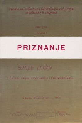 Povelja priznanja Sindikalne podružnice Medicinskog fakulteta Sveučilišta u Zagrebu Sergiju Doganu