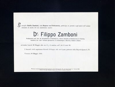 Osmrtnica Dr. Filippo Zamboni-ja Vienna = Beč, 30.05.1910.