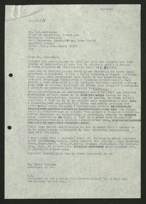 Pismo Boris Kelemen, za: M. R. Schroeder (Acoustics, Speech and Mechanics Research Laboratory, Bell Telephone Laboratories, New Jersey, SAD)