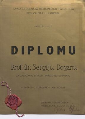 Diploma Saveza studenata Medicinskog fakulteta Sveučilišta u Zagrebu prof. dr. Sergiju Doganu