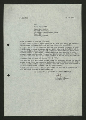 Pismo Boris Kelemen, za: Petar Milojević (Computing Centre McGill University, Montreal, Kanada) - T4