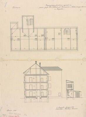 Stambena kuća Nikole pl. Tomašića, projekt pregradnje, 1. tlocrt: tavan, 2. presjek