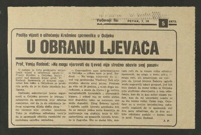 J. P.: U obranu ljevača. Poslije vijesti o oštećenju Krežmina spomenika u Osijeku. Večenji list, 1973.