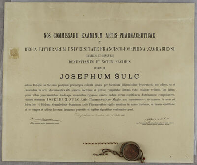 Diploma magistra farmacije Josepha Šulca