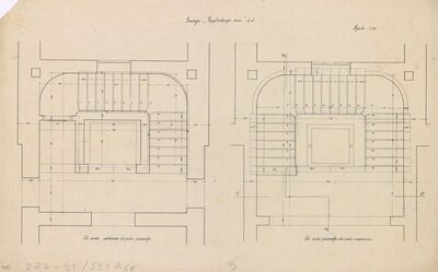 Stambena i trgovačka zgrada za eksploataciju drva, stubište/ tlocrti od podruma do mezanina