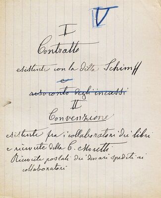 I. Contratto esistente con la dittaSchimpf = Postojeći ugovor s tvrtkom Schimpf; II. Convenzione esistente fra i collaboratori dei libri e ricevute della ditta C. Moretti. Ricevute postali dei denari spediti ai collaboratori = Postojeći dogovor između suradnika na knjigama i potvrde tvrtke C. Moretti. Poštanske potvrde o novcu poslanom suradnicima 1901,-1906.