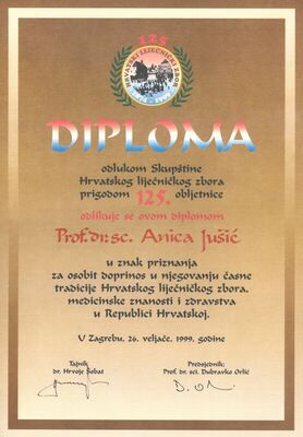 Diploma Hrvatskog liječničkog zbora Anici Jušić prigodom 125. obljetnice HLZ-a