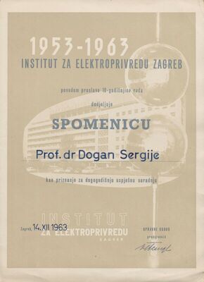 Spomenica Instituta za elektroprivredu Zagreb prof. dr. Sergiju Doganu