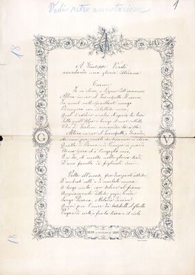 Copia del mio carme A Giuseppe Verdi (autografato nell’album dedicato dagli italiani al grande musicista nel 1890 = Giuseppe Verdiju, (ukrasni papis, rukopis)