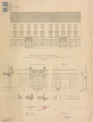 Stambena kuća Nikole pl. Tomašića, projekt pregradnje, 1. pročelje, 2. detalji pročelja, 3. ulazna vrata, 4. presjeci detalji