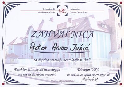 Zahvalnica Univerzitetskog kliničkog centra Tuzla Anici Jušić