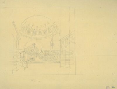 Crkva sv. Blaža, studija unutrašnjosti, pogled prema glavnom oltaru