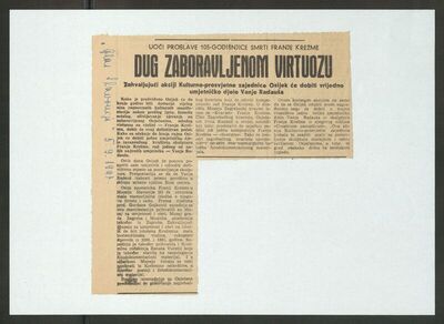 Dug zaboravljenom virtuozu. Uoči proslave 105-godišnjice smrti Franje Krežme. Glas Slavonije, 1967.