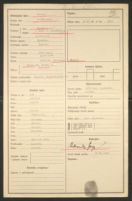 Singer, Aleksander, 25.10.1876. Policijski karton