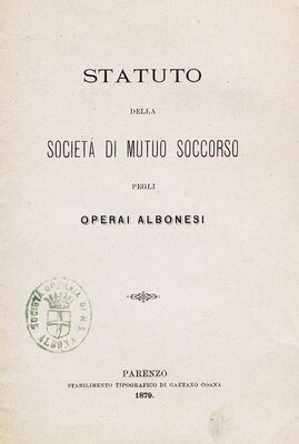 Statuto della Societá di Mutuo soccorso degli operai Albonesi = Statut Društva za uzajamnu pomoć labinskih radnika