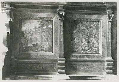 Lepoglava - Župna crkva, klupa na pjevalištu s prikazom sv. Ivana Krstitelja i Iskušenja sv. Antuna