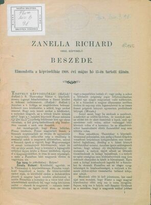 Beszede : Orsz. kepviselo elmondtta a kepviselohaz : 1908. evi majus ho 15-en tartott ulesen