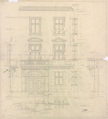 Stambena kuća Nikole pl. Tomašića, projekt pregradnje, 1. pročelje, 2. detalji pročelja, 3. ulazna vrata, 4. presjeci detalji