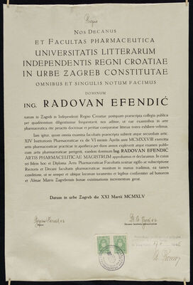 Prijepis diplome magistra farmacije Radovana Efendića