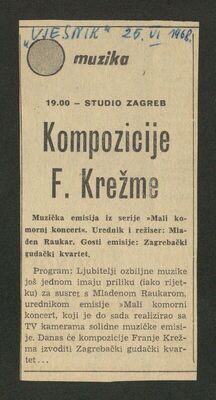 Kompozicije F. Krežme. Vjesnik, 1968.