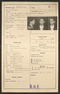 Šalom, Josip, 29.11.1906. Policijski karton
