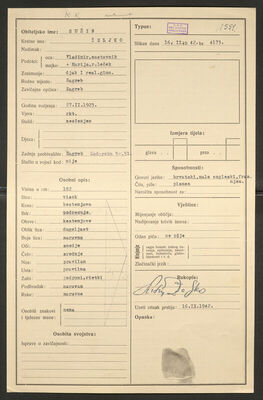 Sušin, Željko, 27.2.1923. Policijski karton